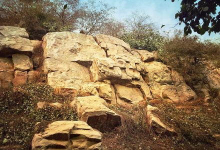 Govardhan Hill, lush green hillside with devotees circumambulating